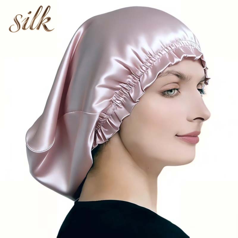 Bonnet de nuit en soie de mûrier 100% pour cheveux longs, couvre-cheveux de nuit en soie pour femmes, pour le soin des cheveux mi-longs, 38CM