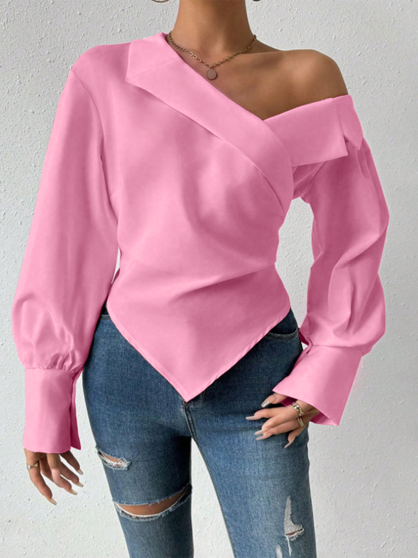 T-Shirt femme printemps été rose épaules dénudées manches longues croisé devant ourlet asymétrique élégant quotidien décontracté haut de rencontre