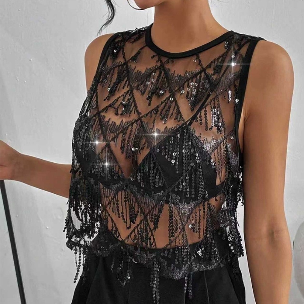 Débardeur court décontracté à franges et sequins, en maille transparente, coupe ample, brodé, sans manches, style streetwear