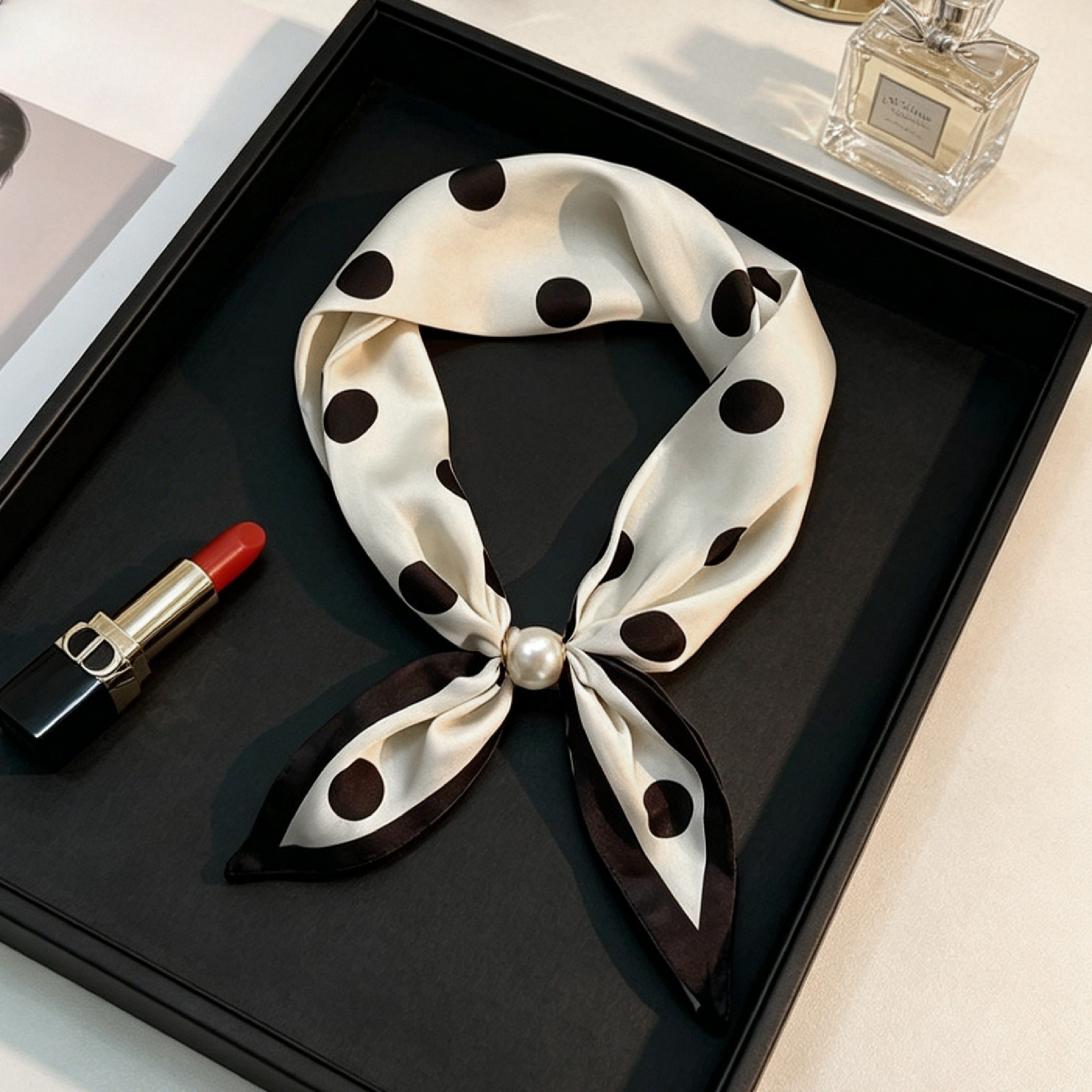 Écharpe de luxe en soie pour femme, motif cachemire rétro, avec collier de perles et fermoir magnétique, foulard de mode à pois pour la clavicule, style décontracté