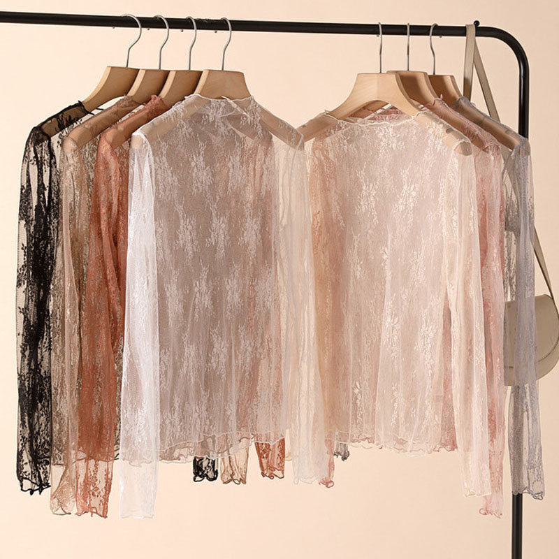 Chemises transparentes en dentelle pour femmes, élégantes, Sexy, manches longues, maille, tulles, Vintage, polyvalentes, à bascule transparente