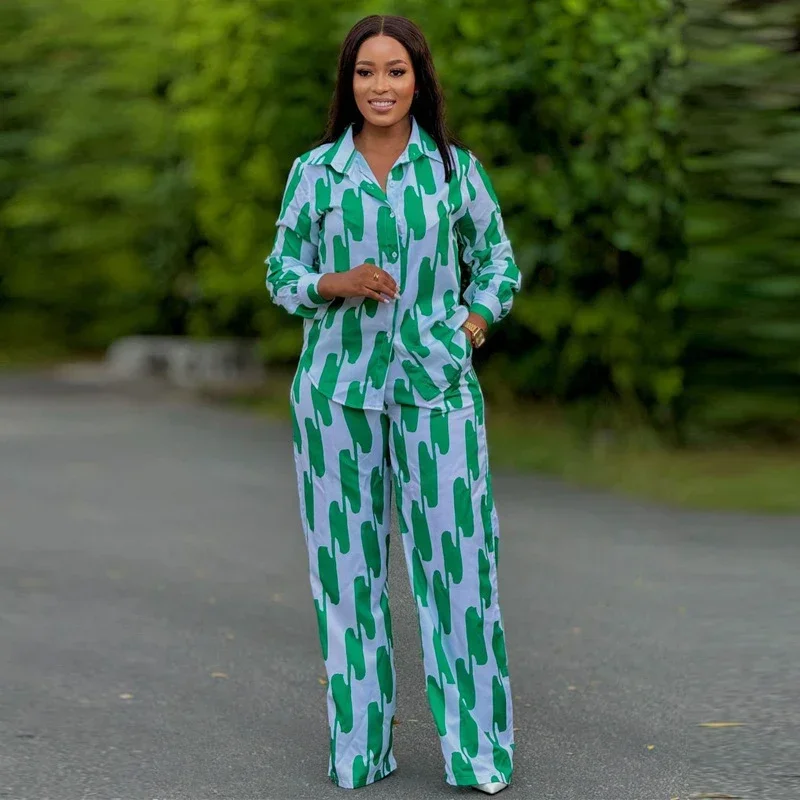 Ensemble deux pièces à rayures pour femmes, chemise boutonnée décontractée, pantalon à jambes larges, manches longues, mode africaine, printemps, automne