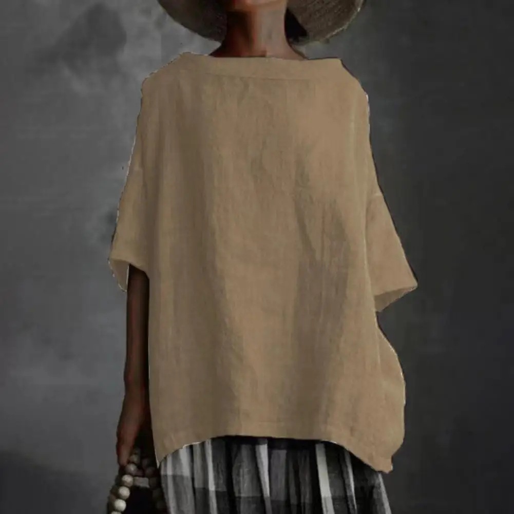 Femmes coton lin Blouse ample hauts été femme col rond demi manches couleur unie maillots de bain Blouse chemises JYFS-5189
