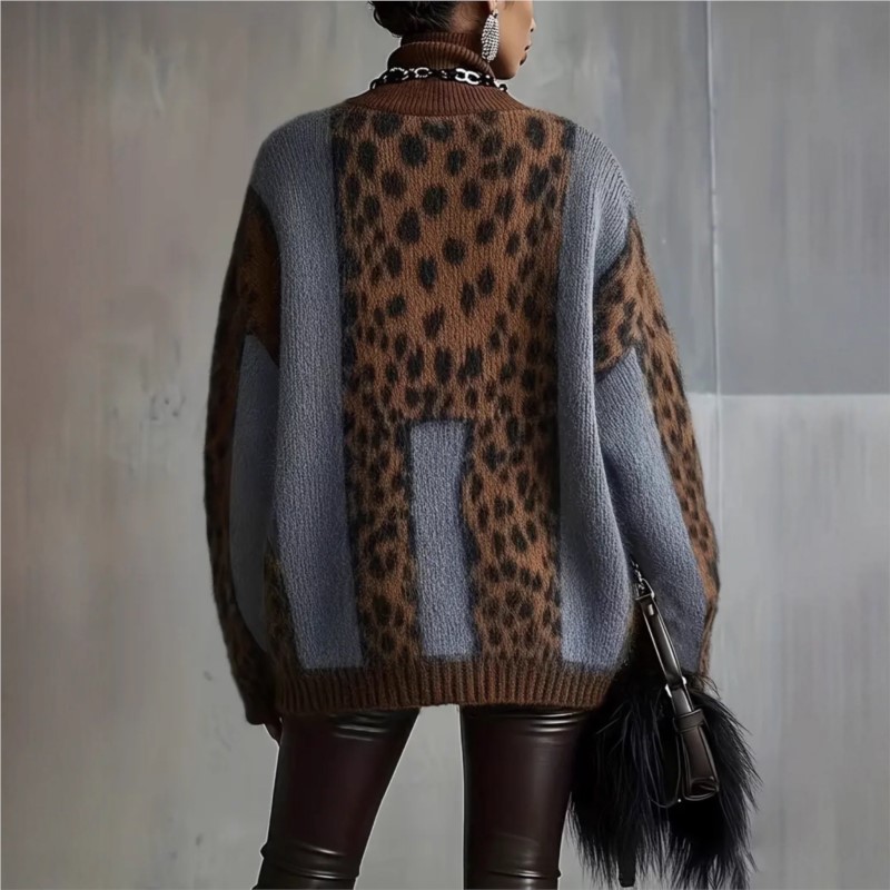 Pull en tricot à imprimé léopard décontracté pour femmes, pull épais et ample rétro pour l'automne et l'hiver