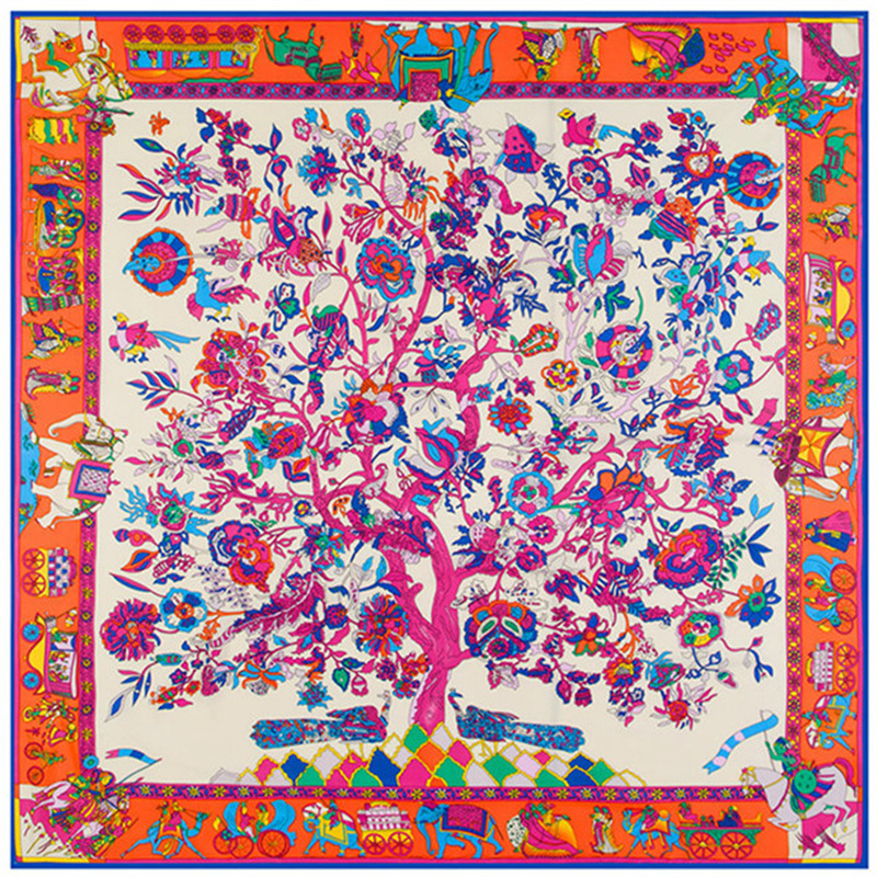 130*130 cm Foulard en soie sergé de luxe Animal Elepha arbre de vie imprimé femmes châles étoles carré Bandana Foulard Hijab femme Foulard