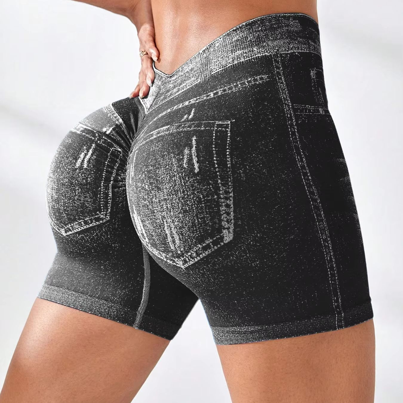 Faux jean élastique pour femmes, dos en V, pantalon de sport, d'entraînement, de Yoga, de levage des fesses, Fitness, athlétique, collants courts sans couture