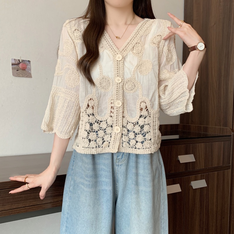 Chemise Cardigan à Boutons Simple, Style Coréen, Tops pour Femmes, Printemps-Été 2026, Fleur à Crochets, Dentelle Ajourée