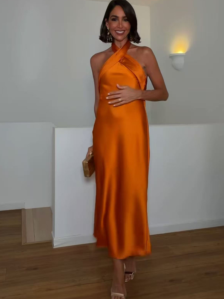 Nouvelle Robe Midi Halter Élégante Sans Manches Moulante Longue pour Femme – Collection Été 2026 – Robes Décontractées de Soirée Tendance Unies