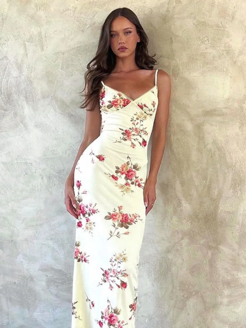 Robe verte d'été à imprimé Floral pour femmes, mode décontractée, sans manches, col en v, dos nu, tunique moulante, robes de plage, de vacances, Streetwear