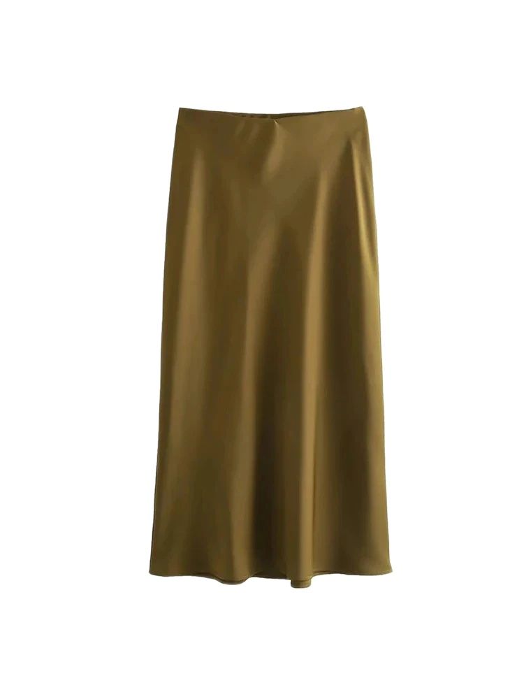 Jupe mi-longue semblable à de soie pour femmes, doux au toucher, taille haute, ceinture élastique, Chic, mode féminine, élégante