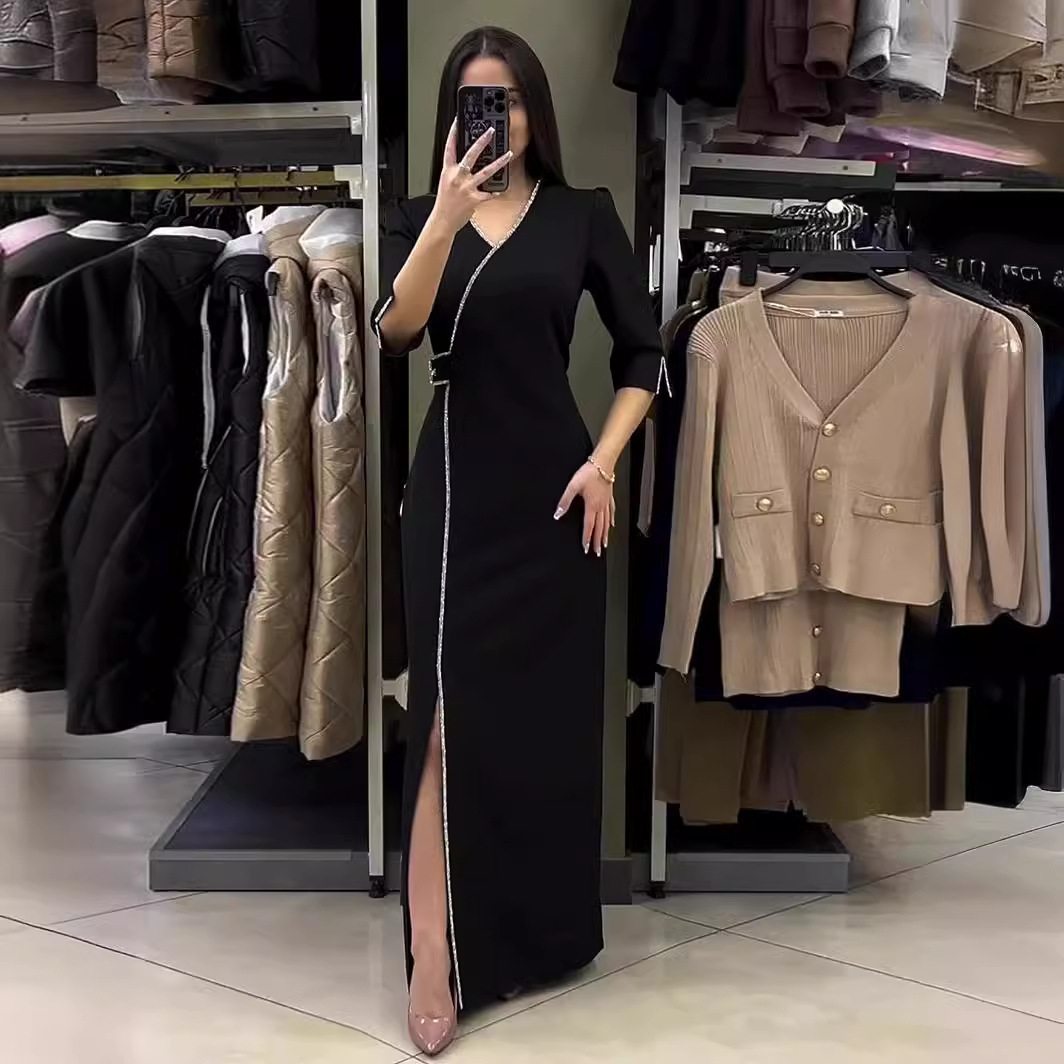 Robes longues pour femmes, été, élégantes, style Y2k, sexy, col en V, ornées de strass, coupe ajustée, fente, manches trois-quarts, robe longue été 2026