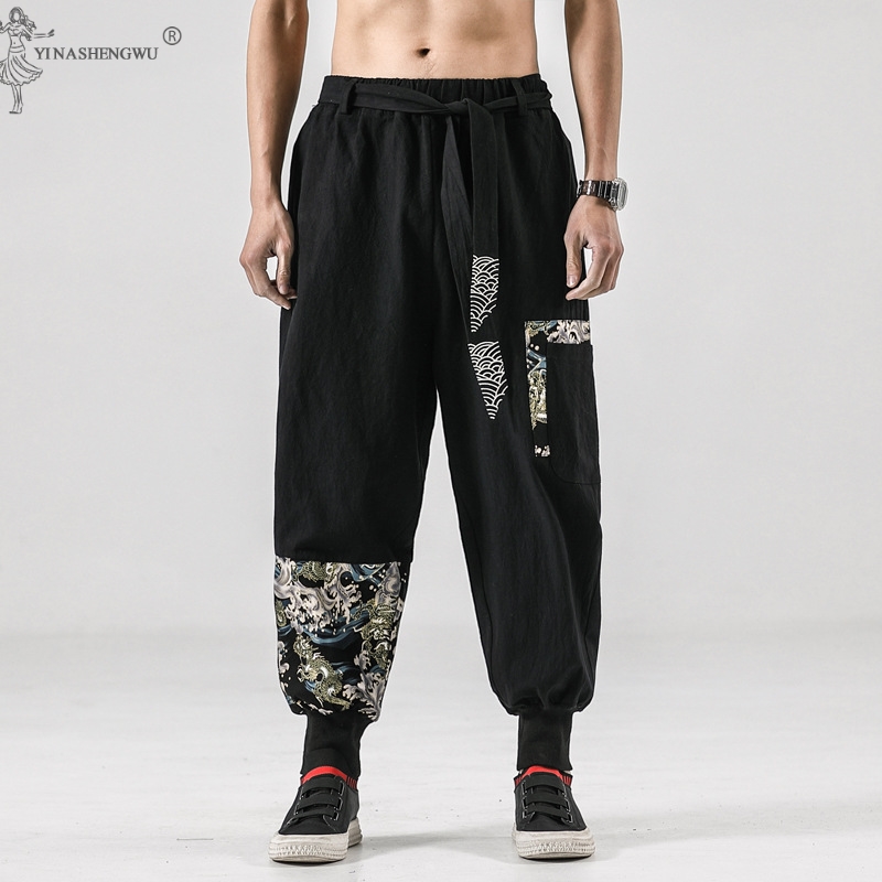 Costume de samouraï en coton et lin pour hommes, kimono japonais, ceinture imprimée Ukiyo-e, sarouel rétro, Haori Baggy, fjHarajuku, Hip Hop