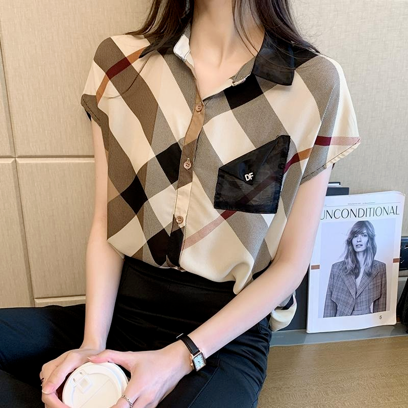 Chemise boutonnée en mousseline de soie à manches courtes pour femmes, chemisiers bon marché, vêtements de bureau décontractés, plaid coréen, jeunes femmes, tendances, haut chaud