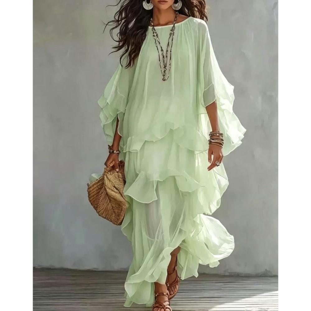 Robe longue d'été bohème en mousseline pour femme, col rond, manches chauve-souris, à volants superposés, ample et fluide, idéale comme robe de plage ou de vacances.