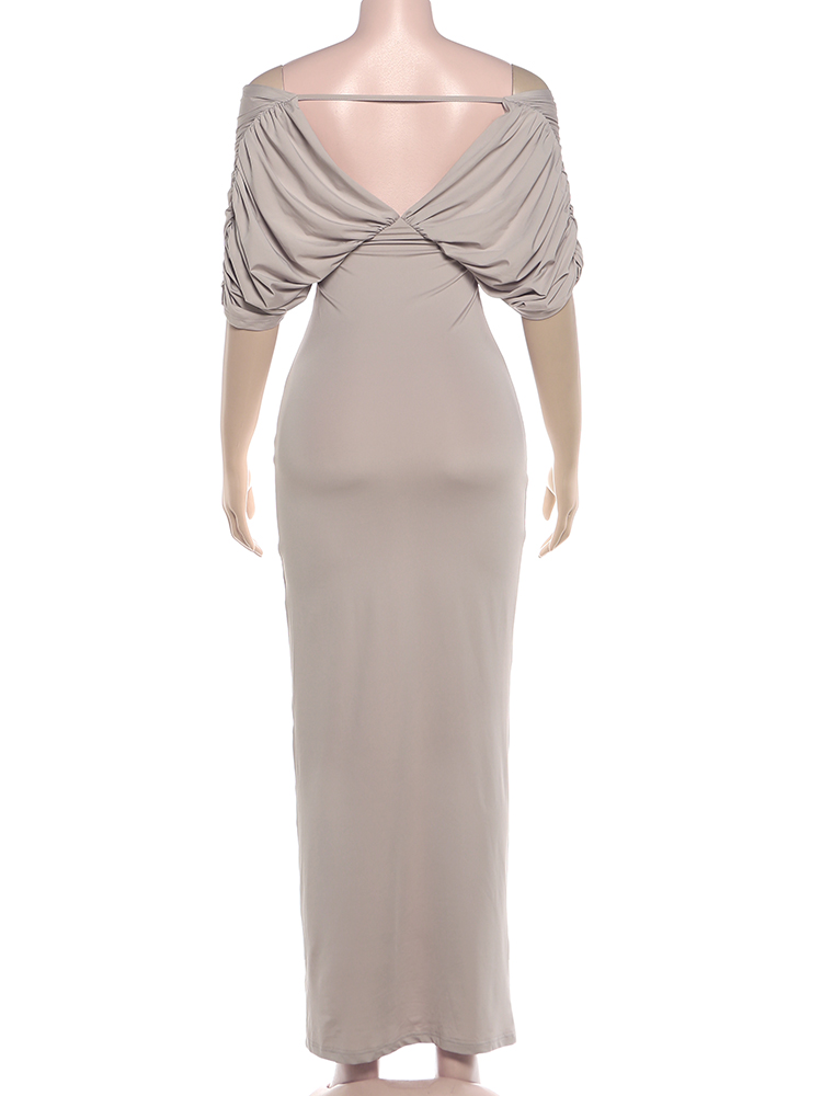Robe longue élégante froncée Kliou pour femme, col bateau, dos nu, demi-manches, taille haute, style décontracté quotidien, simple et tendance, Vestidos