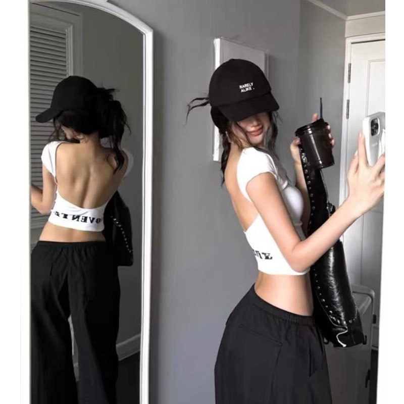 T-shirt court blanc américain à manches courtes pour femme, taille haute froncée, dos ouvert, collection été 2026