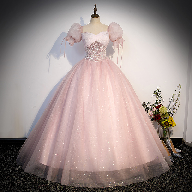 Robe de Soirée en Tulle à Paillettes et Manches Moelleuses, Tenue de Princesse, Longueur au Sol, Ligne A, Taille Haute, pour Banquet Formel, Élégante, Nouvelle Collection 2024
