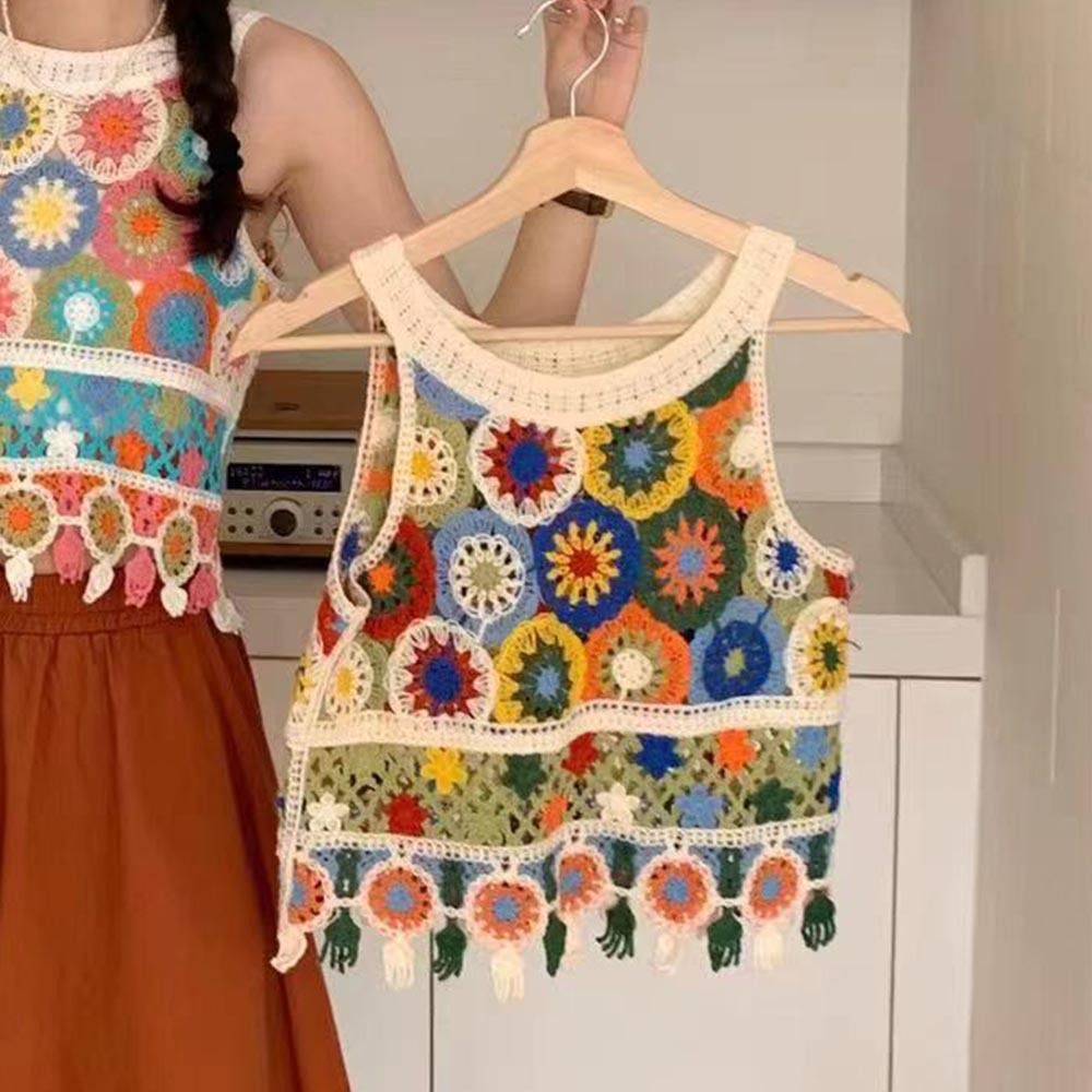 Gilet tricoté bohème mignon, col rond, sans manches, haut court pour femmes, glands au crochet, hauts courts ajourés