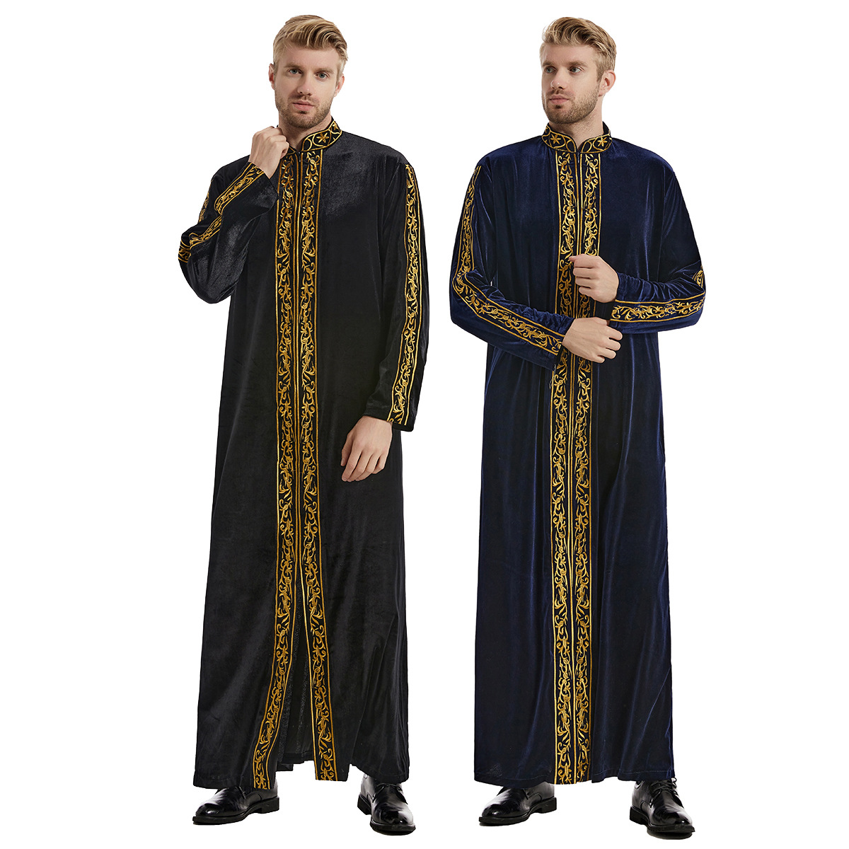 Robe musulmane du Moyen-Orient pour hommes, robe brodée en velours doré, robe de prière islamique arabe, costume national, haut à manches longues de luxe noble