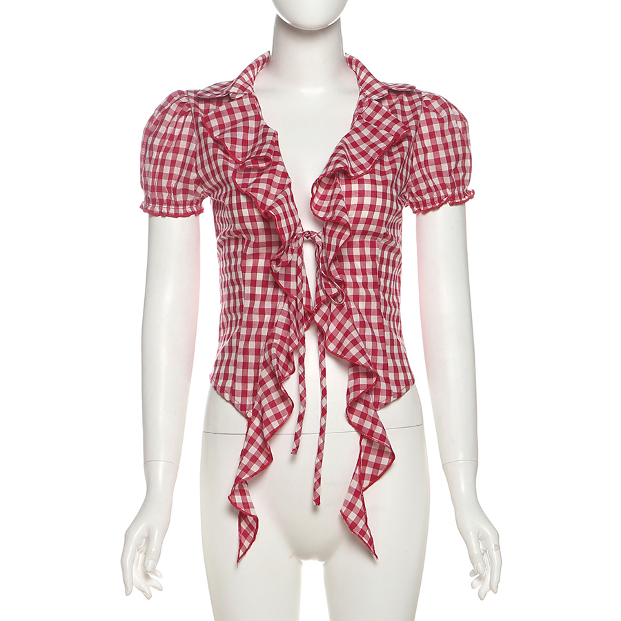 SylCue T-Shirt à carreaux rouge pour femmes, col en v, manches bouffantes, lacets, nombril exposé, rubans slim, volants, Design Y2K, Style doux, Streetwear