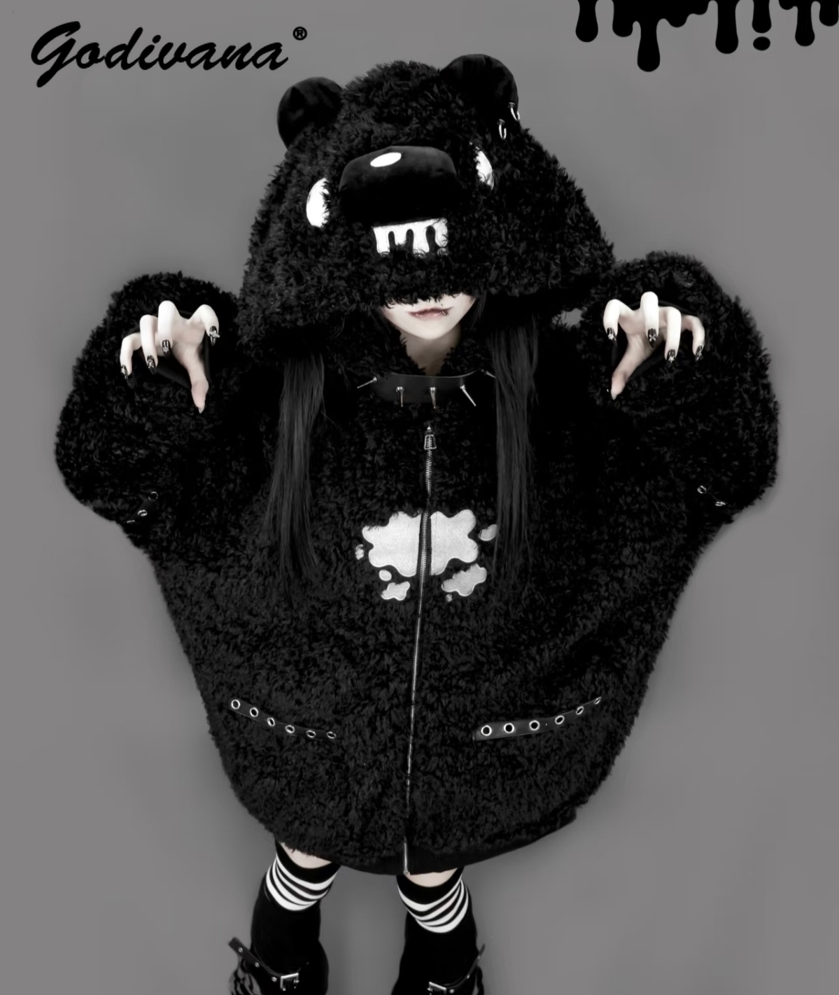 Manteau en peluche à capuche gothique japonais, nouvelle collection automne-hiver, sous-culture, fille cool, veste à capuche en laine d'agneau punk pour femme, veste à fermeture éclair