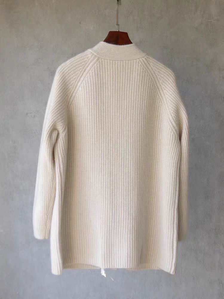Cardigan mi-long en laine mérinos pour femme, veste d'automne et d'hiver, 100% laine, boutons tricotés, pull en cachemire