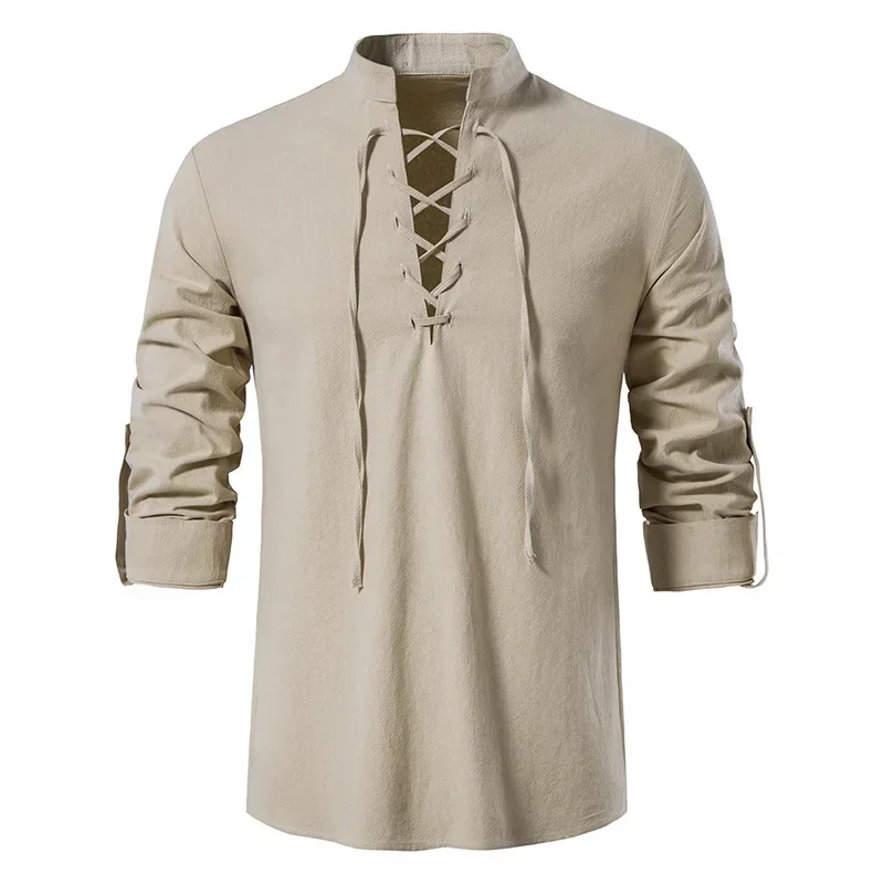 T-shirt en coton et lin à manches longues pour hommes, chemise à lacets décontractée, col Henley, coupe solide, vêtements de plage, vêtements de vacances d'été, chemise document