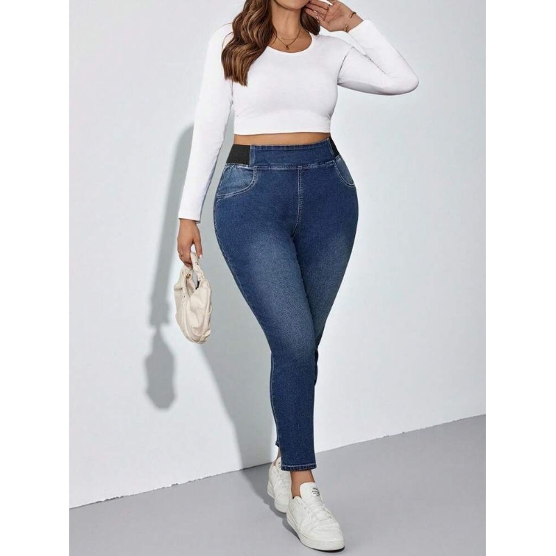 Jeans pour femmes grandes tailles, pantalon en denim décontracté à taille élastique, adapté aux trajets quotidiens, denim délavé, tendance, polyvalent, amincissant
