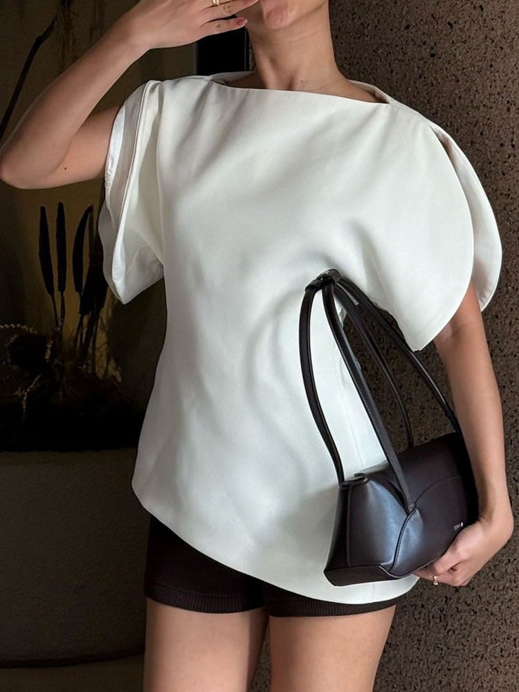 T-shirts décontractés pour femmes HH, chemisier à ourlet asymétrique, chemise à manches bouffantes courtes, élégante, pour femme, été, fête, vacances, hauts blancs
