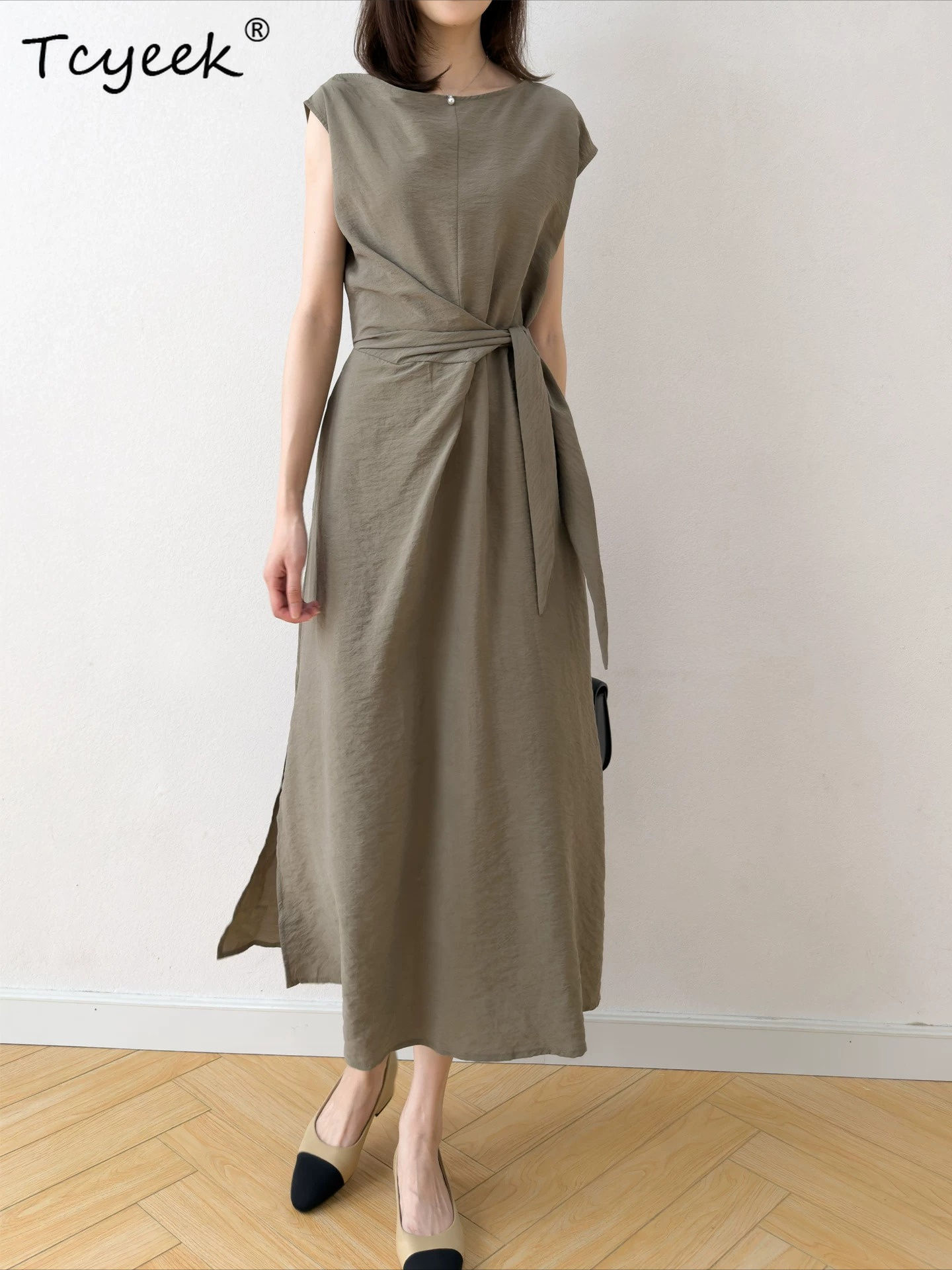 Robe de Soirée Tcyeek 76% Soie Véritable pour Femme, Robes Élégantes pour Femmes, Vêtements d'Été 2026, Robe Fendue en Soie Sèche, Coupe Ample, Vestidos Mujer