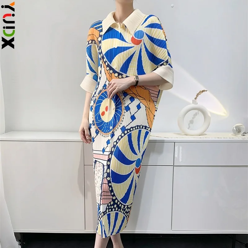 Ata Yake-Robes imprimées plissées mi-longues pour femmes, jupes décontractées à manches chauve-souris, grande taille, mode adt, début du printemps, nouveau, 2024