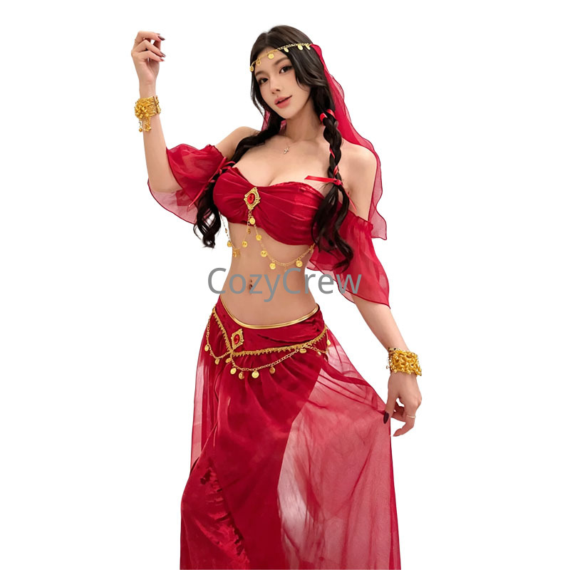 Costume de princesse arabe pour femmes, tenue de danse du ventre rouge, ensemble de cosplay pour fête d'Halloween, haut à épaules dénudées, jupe longue, foulard, style gypsy