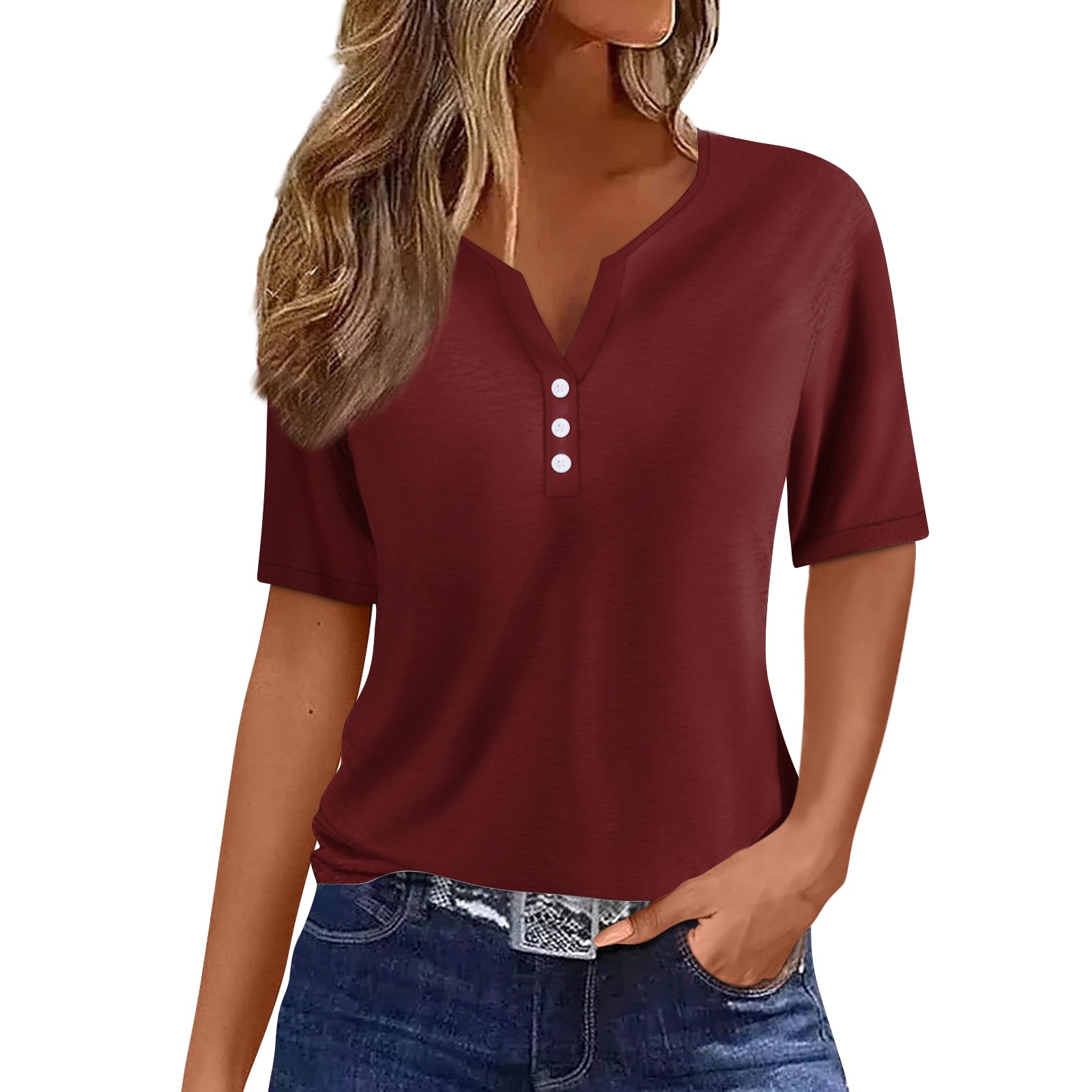 Femmes été à la mode Simple décontracté mode bouton t-shirt col en V à manches courtes solide pull ample hauts grande taille Ropa De Mujer