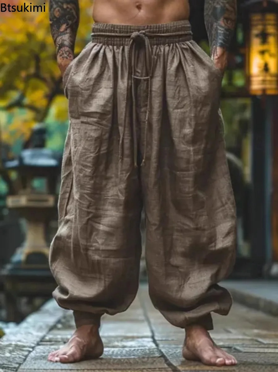 Pantalon Vintage en coton et lin pour hommes, jambes larges, décontracté, avec cordon de serrage, poches, Baggy, Streetwear, Harajuku, printemps été