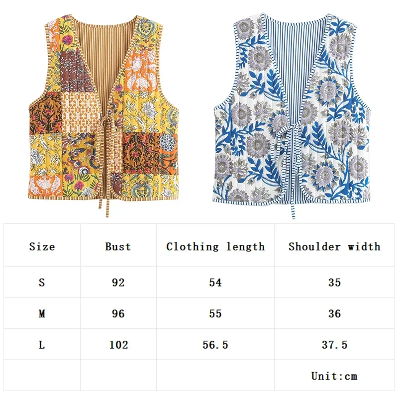 Gilet matelassé sans manches pour femme, style ethnique, imprimé floral patchwork, avec laçage à la taille, coupe courte chic 2024