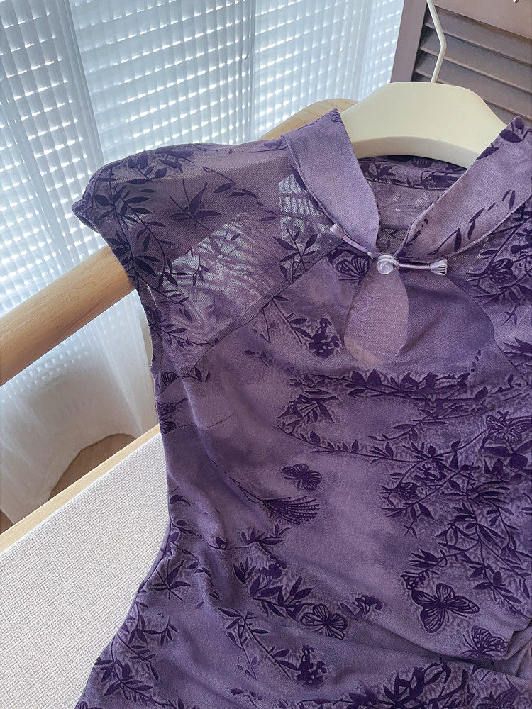 T-shirt élégant de style chinois pour femme, violet, en tissu transparent avec broderie papillon en bambou, style Cheongsam amélioré vintage, haut moulant décontracté