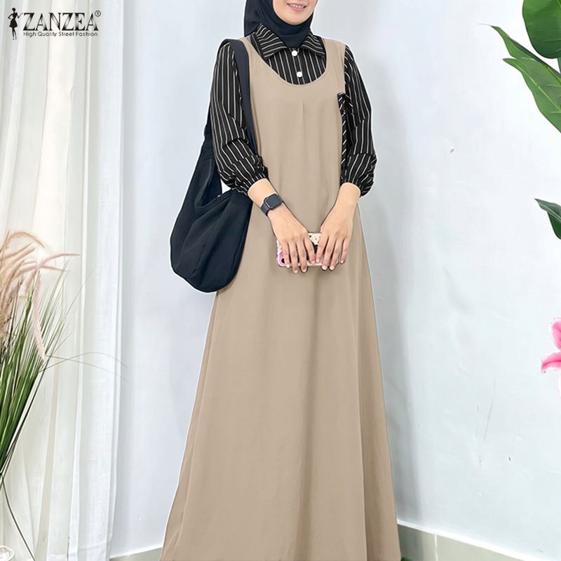 ZANZEA Robe Abaya musulmane patchwork rayée pour femme, Robe de Ramadan décontractée à manches longues, Robe longue ample style Dubaï, Kaftan Maxi