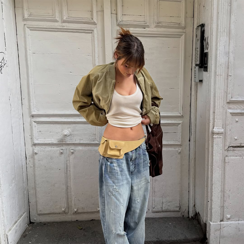 Veste bomber courte kaki pour femme, col à revers, fermeture éclair intégrale, détails poches, manches longues, style streetwear décontracté Y2K