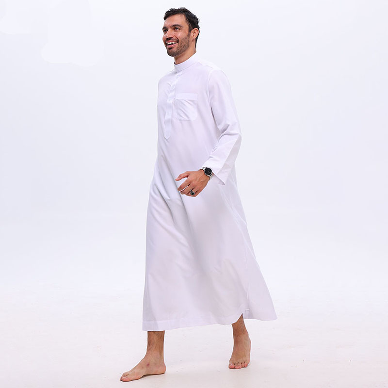 Vêtements islamiques pour hommes, robe longue blanche à manches longues, robe longue musulmane, abaya, kaftan arabe, col à boutons, thobe, jubba