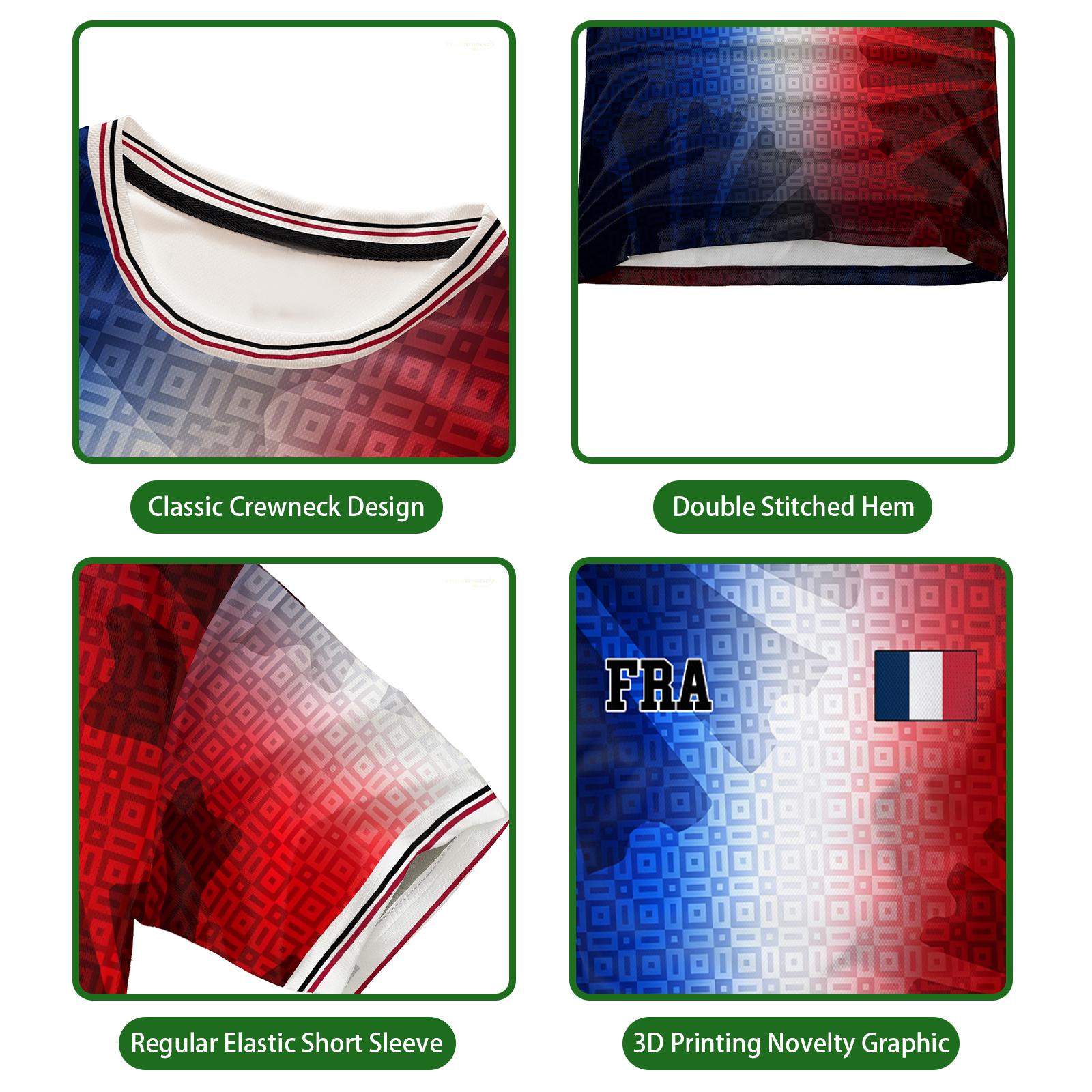Maillot de football imprimé drapeau français, t-shirt d'été unisexe décontracté à manches courtes, pour l'entraînement sportif, respirant et à séchage rapide