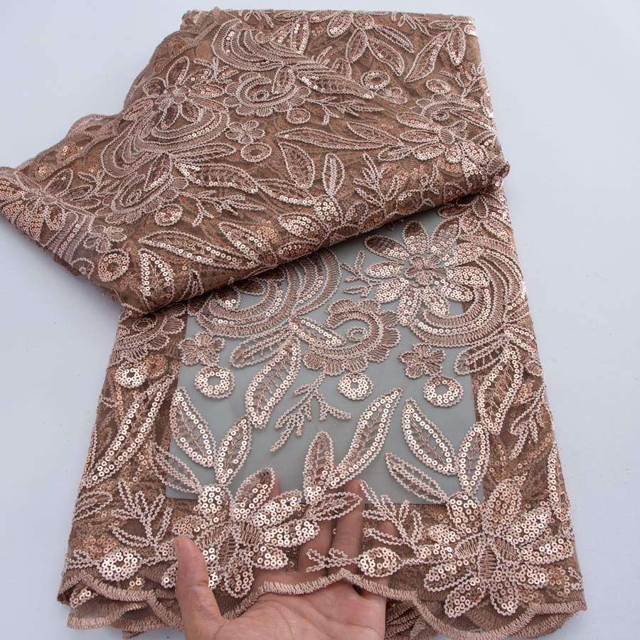 Tissu de dentelle en tulle africain nigérian de luxe avec sequins, tissu de dentelle brodé français en maille de haute qualité, 5 yards pour la confection de vêtements féminins