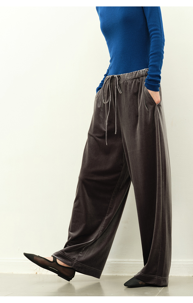 Pantalon haut de gamme en velours de soie pour femmes, chemise à jambes larges longueur au sol gris foncé, ample et décontracté pour l'extérieur, grande taille, doux et délicat