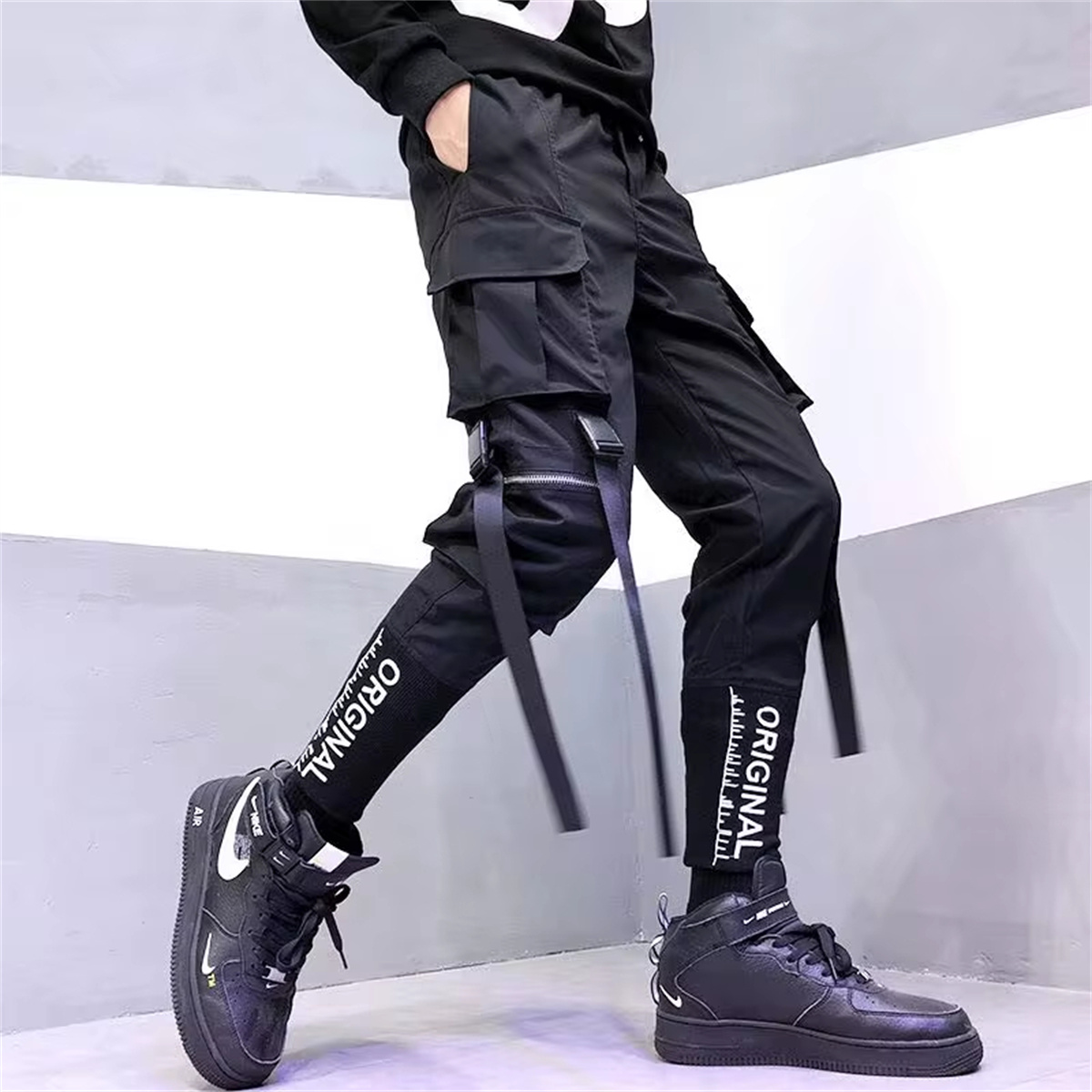 Pantalon Cargo pour hommes, décontracté, Hip Hop, couleur frappée, poches multiples, Streetwear, rubans, Techwear, survêtement pour garçons
