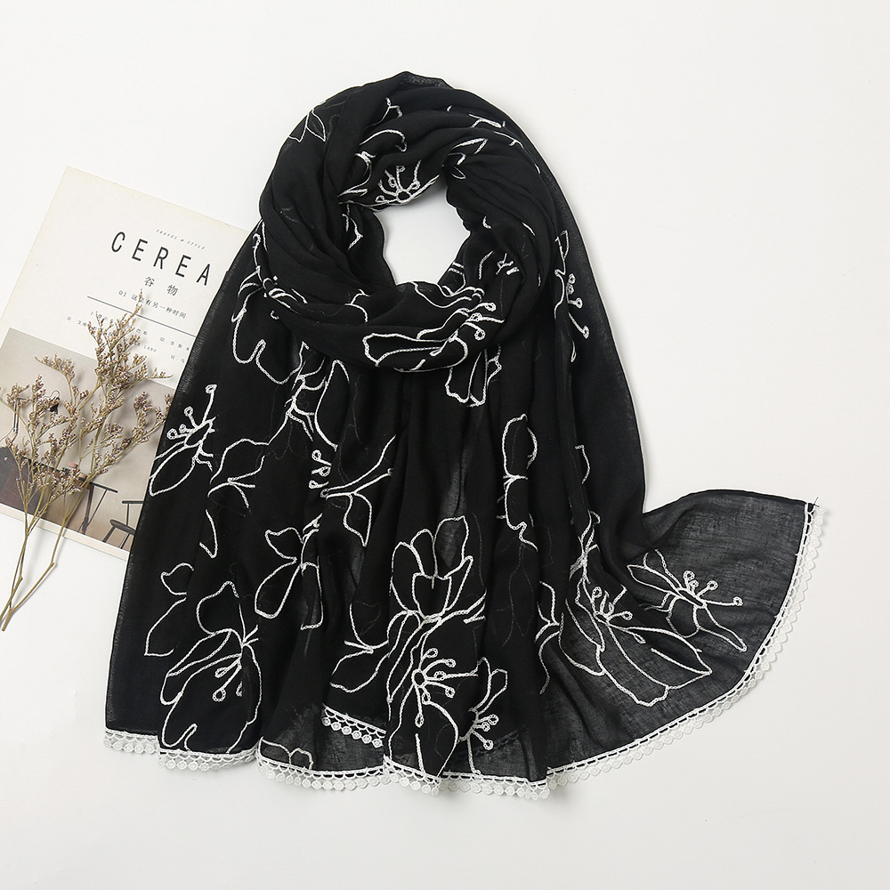 Châle en Viscose avec Dentelle Florale pour Femme, Hijabs de Haute Qualité, Étole Pashmina, Écharpe Musulmane