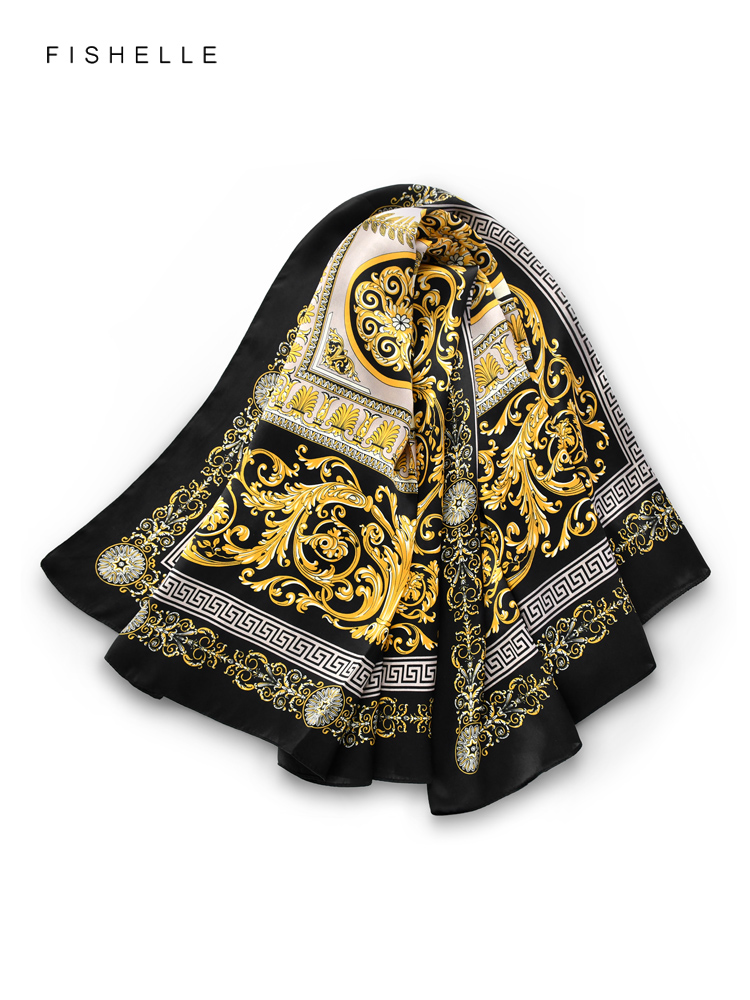 Motifs exquis noir et doré 100% foulard en soie naturelle bandeau cadeau de luxe foulard pour femme bandana hijab châle 90 cm foulard
