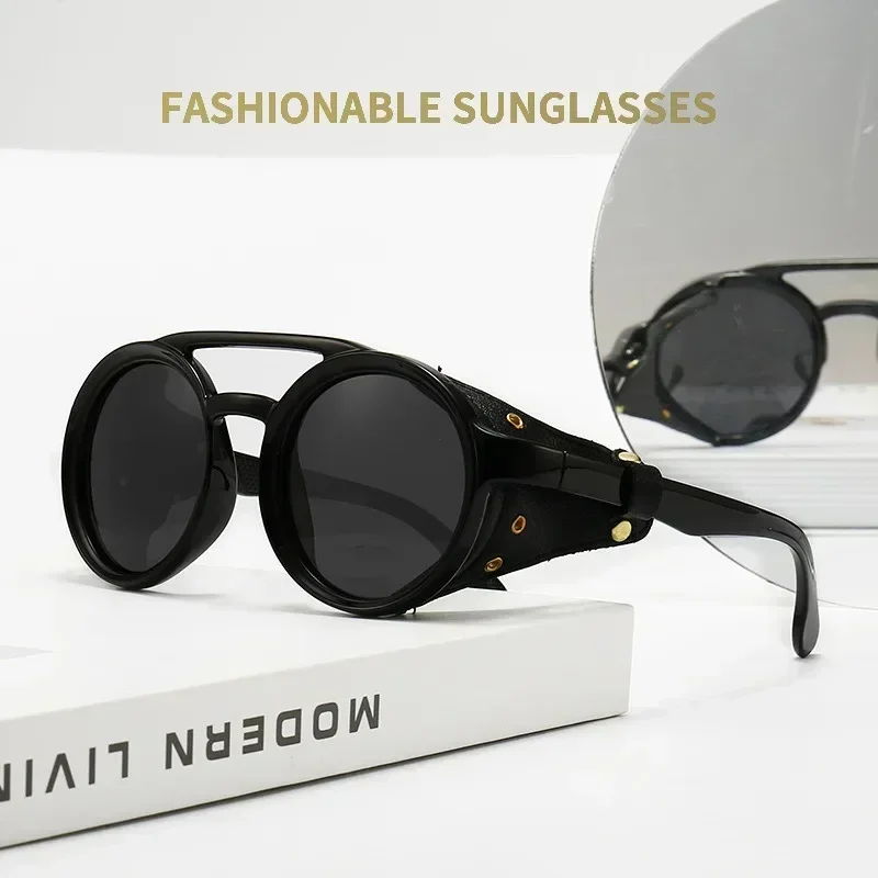 Lunettes de soleil rétro pour hommes et femmes, lunettes rondes en cuir, lunettes vintage anti-vent, lunettes de soleil de sport en plein air, UV400