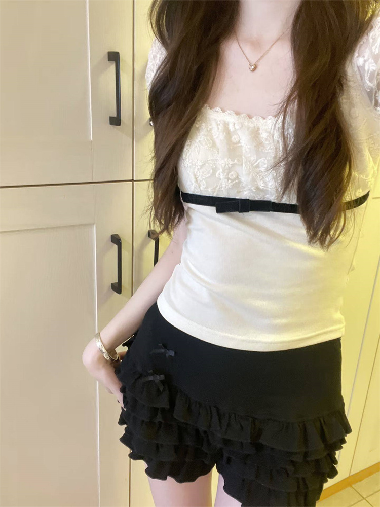 T-shirt femme col carré avec dentelle, crop top mignon et esthétique à manches courtes, coupe slim vintage, style Harajuku Y2K, tenue décontractée