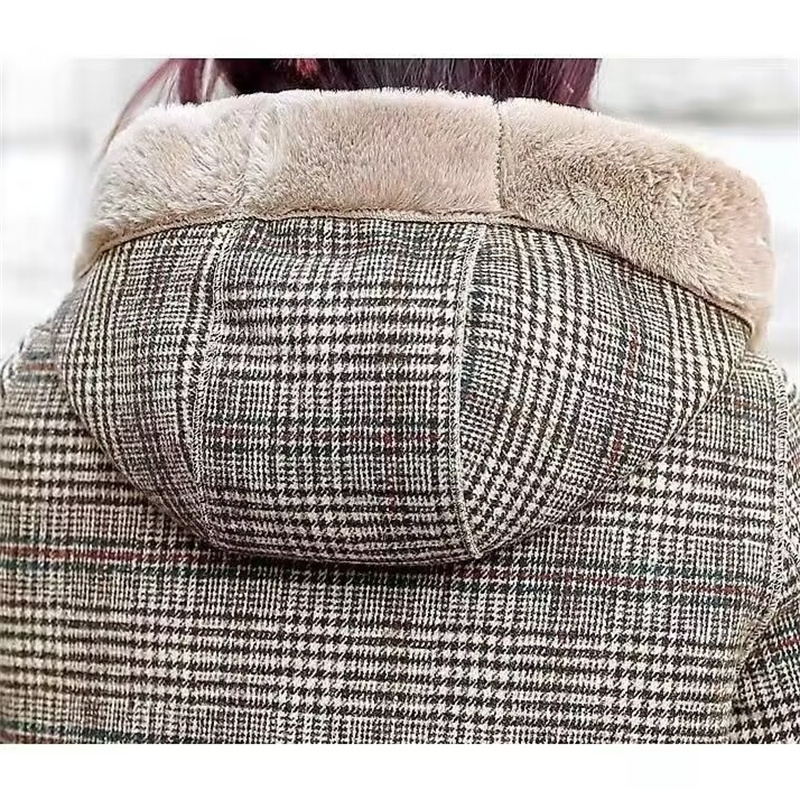 Nouveau Manteau Long Hiver 2026 pour Femme, à Capuche, Épais et Chaud, en Laine à Carreaux et Fourrure de Lapin, Style H, Haute Qualité