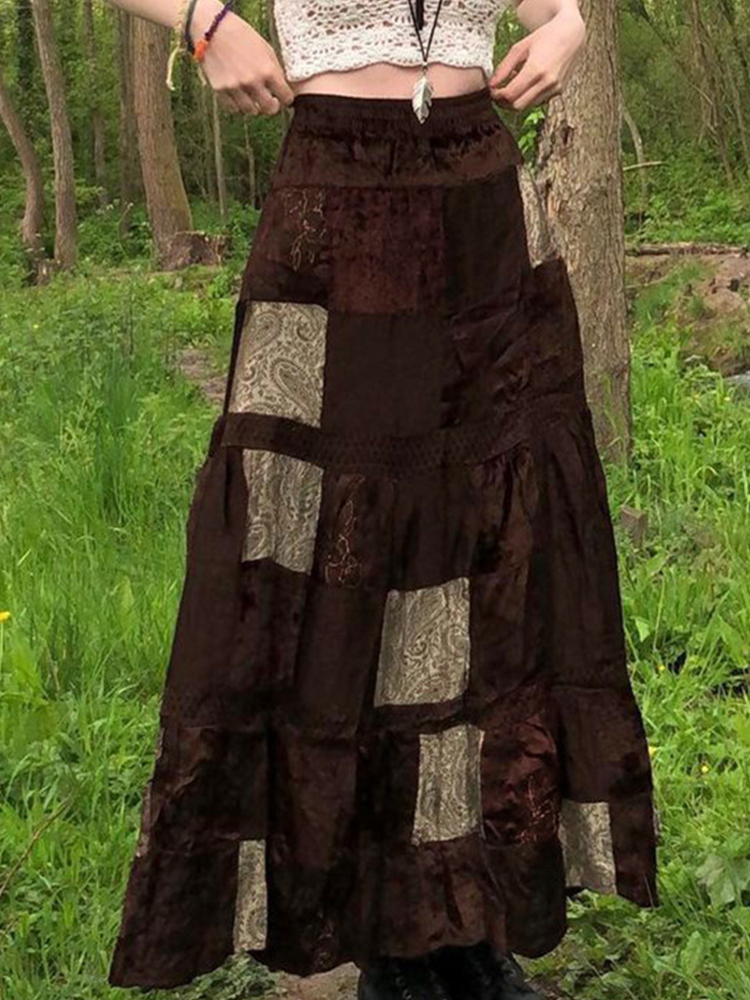 Jupes longues plissées marron pour femmes, jupes de fête mignonnes, imprimé Boho Grunge, jupes rétro Fairycore, vacances Kawaii, élégantes