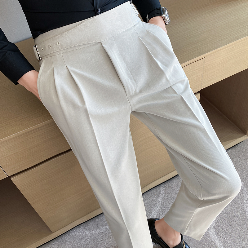 Pantalon de Costume Homme Style Britannique Taille Haute Décontracté avec Ceinture Coupe Slim pour Bureau, Soirée, Mariage et Cérémonie